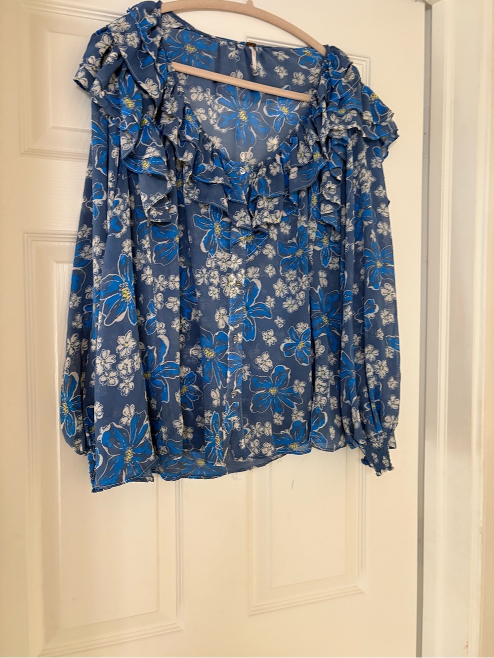 Free People Blue Floral Ruffle-Trim Blouse